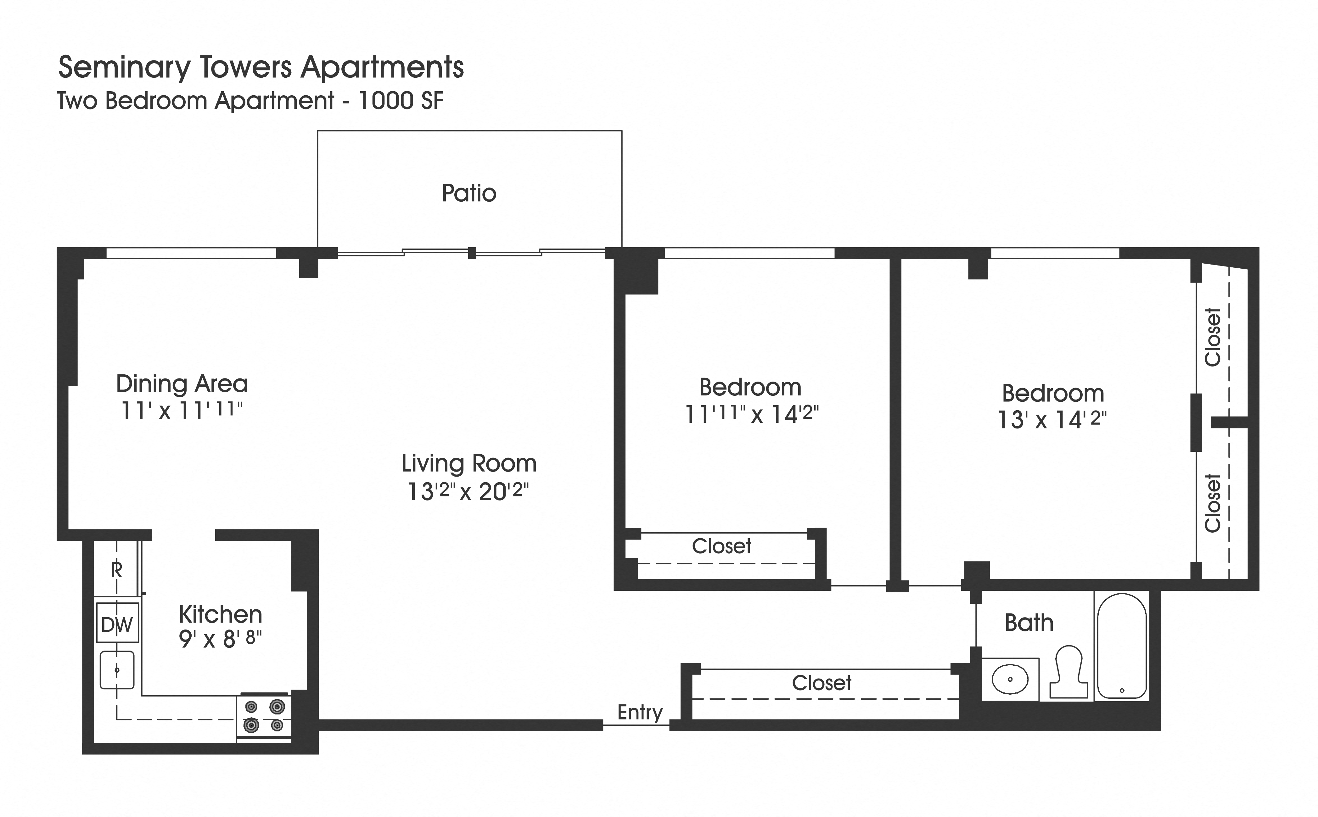 Floor plan for 2 beds, 1 bath, 1020 sqft